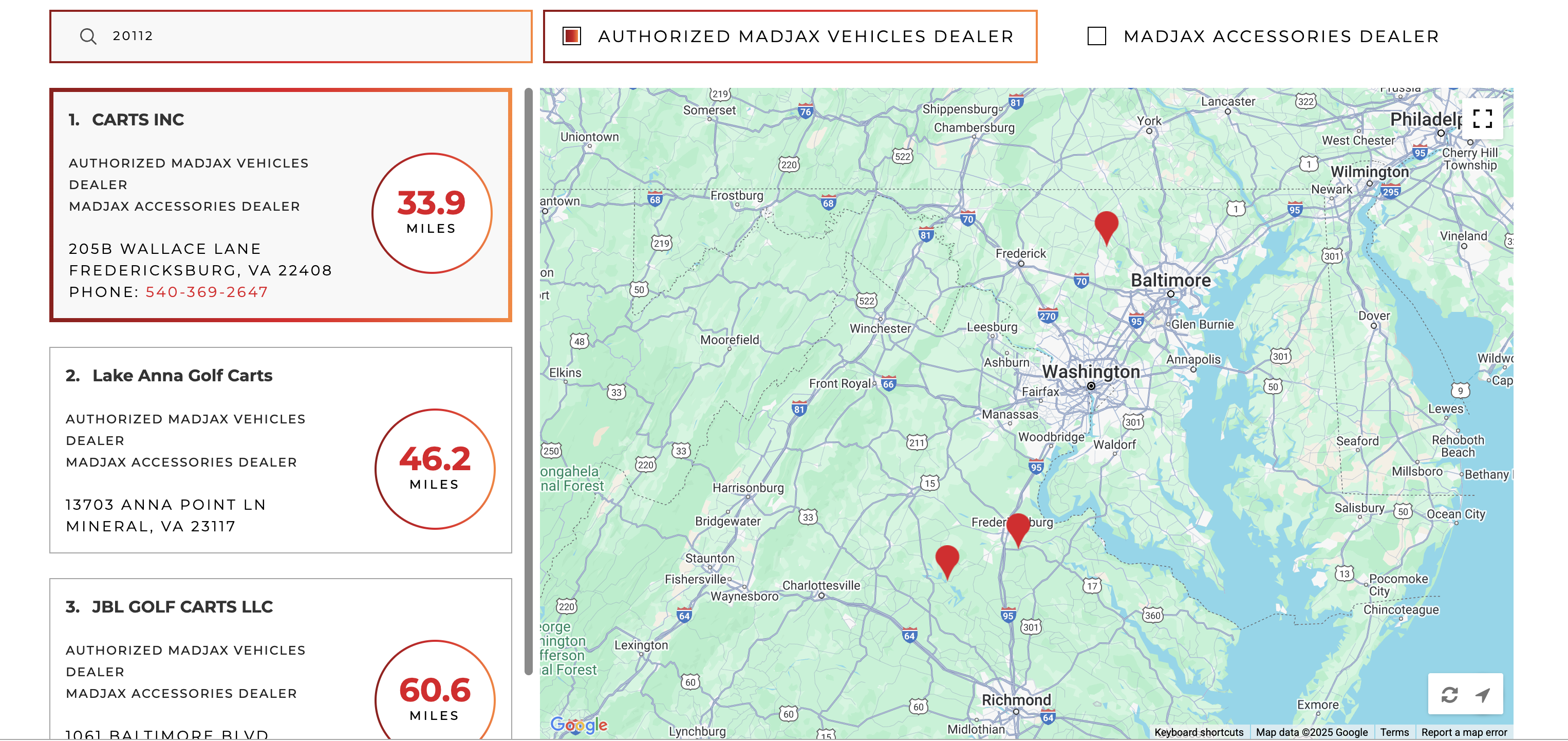 A map of the Washington, DC area shows locations of Madiak vehicle dealers, with three listed on the left panel by distance in miles from ZIP code 20112, and red pins marking their positions on the map.